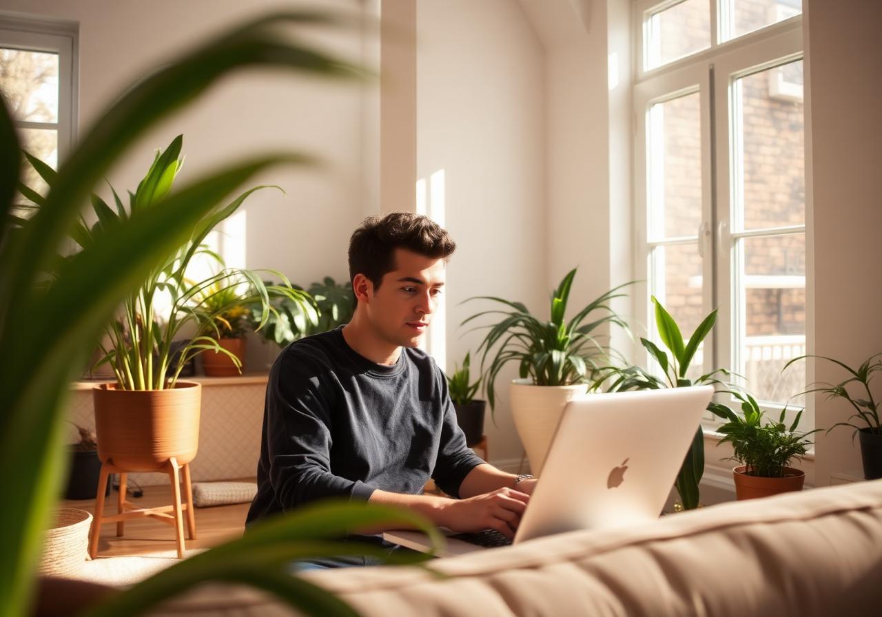 Person working on a laptop in a bright room